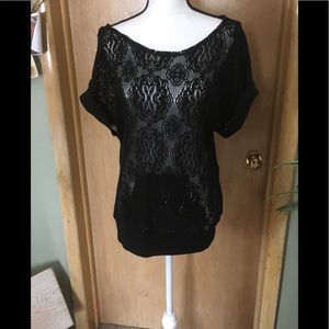 XL sheer black lace top with front pocket
